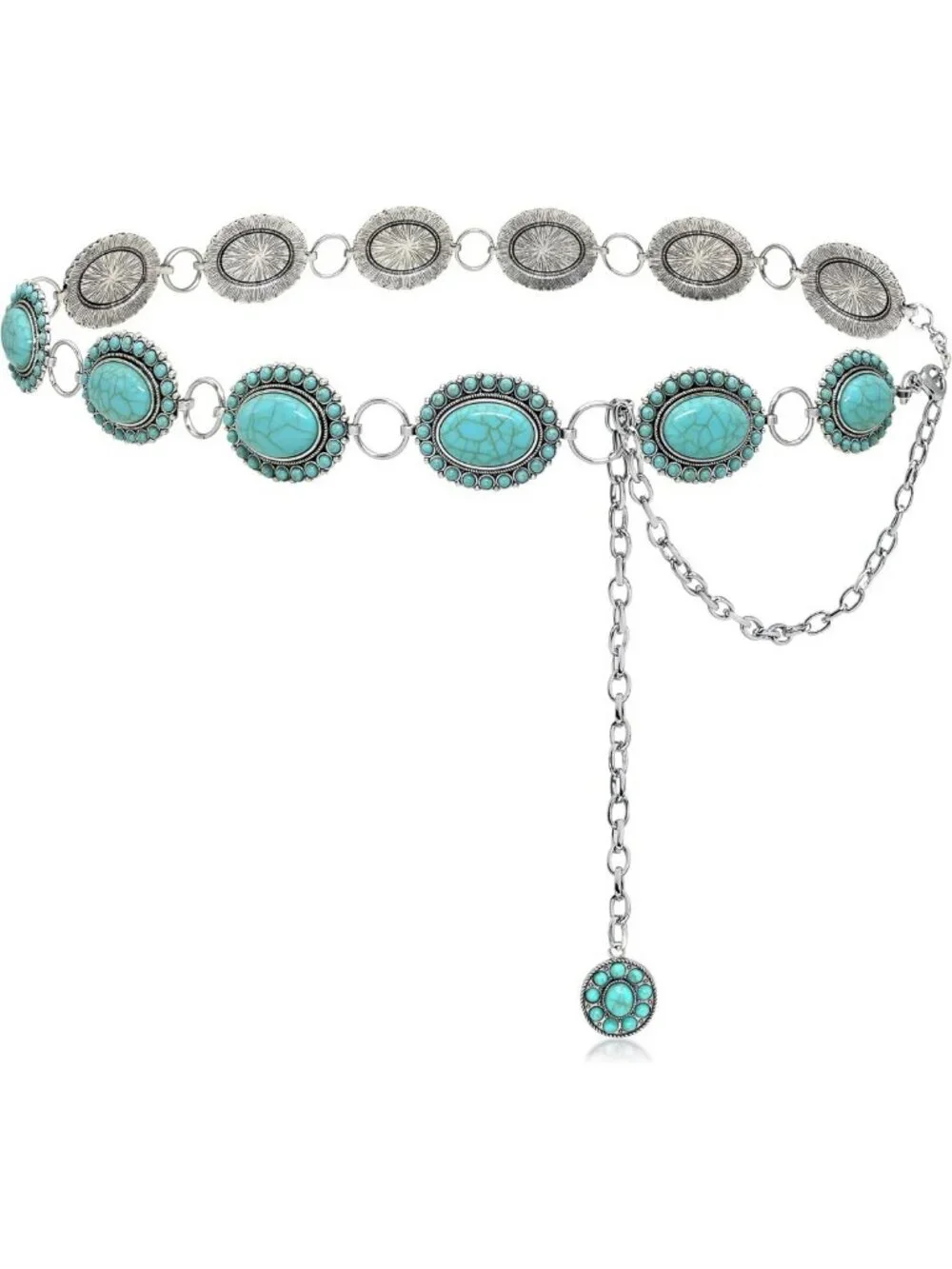 Turquoise Concho Belt for Women | Silver Western Chain Cowgirl Boho Accessories